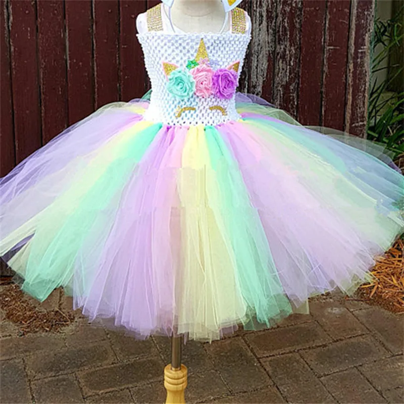 Радужное платье-пачка для девочек; платье с изображением пони и единорога для девочек на день рождения, вечеринку, Хэллоуин; костюм единорога для детей; платья для костюмированной вечеринки; PQ084