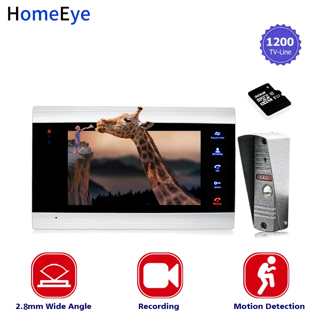 

7'' Wide View Angle Video Doorbell Video Intercom Home Access Control System+32G Card Motion Detection Multi-languages OSD Menu