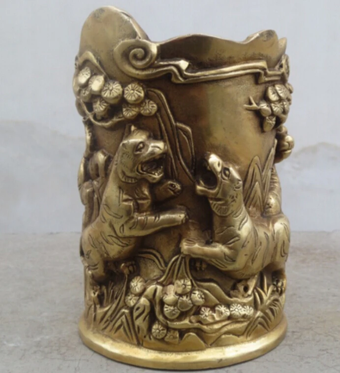 

Qing Emperor Qianlong Antique home Decorate Carve five tiger statue pen holder,Brass Brush Pot