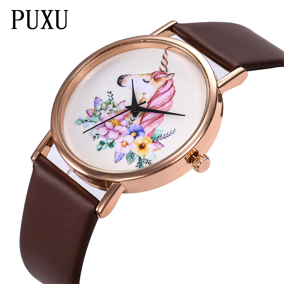 

Fashion Unicorn Leather Casual Dress Watch Ladies Quartz WristWatch Black Women Watches PUXU brand Clock hour Relogio Feminino