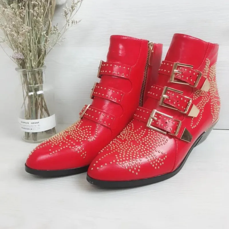 

Fashion women's boots pointed thick with rivets belt buckle complex custom women's shoes full leather fashion rivet thick Martin