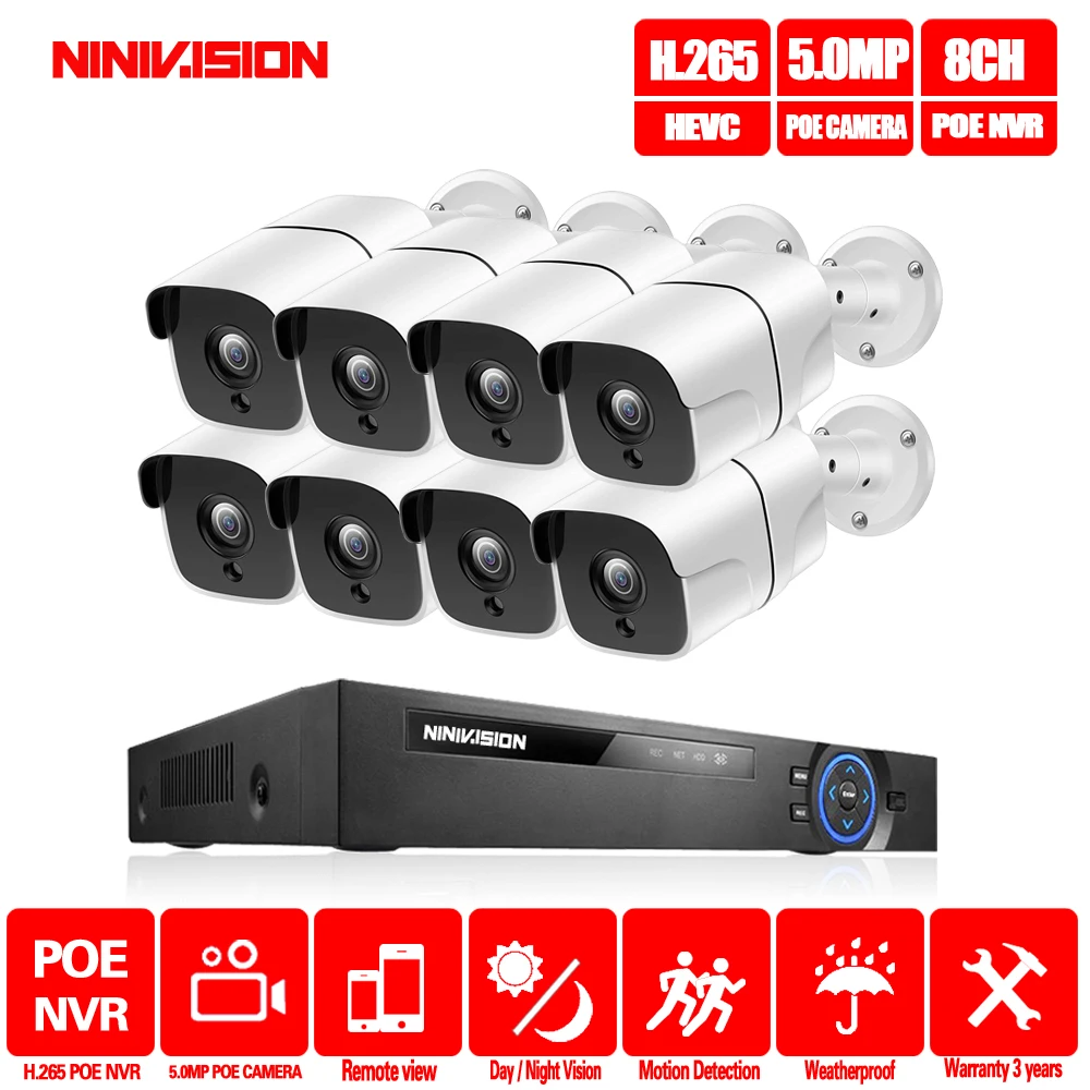 

H.265 4CH 8Ch 16CH 5MP POE NVR CCTV Camera System 5MP POE IP Camera 2560*1944 Outdoor Waterproof Video Security Surveillance Kit