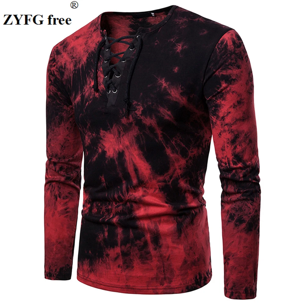 

ZYFG free men t shirts letters printing long sleeved V-neck t shirts Tops simple style elastic drawstring Tee shirt