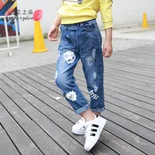 Розничная, новинка года, детские штаны, индивидуальные осенние детские штаны с дырками в виде головы скелета, весенние джинсы для девочек