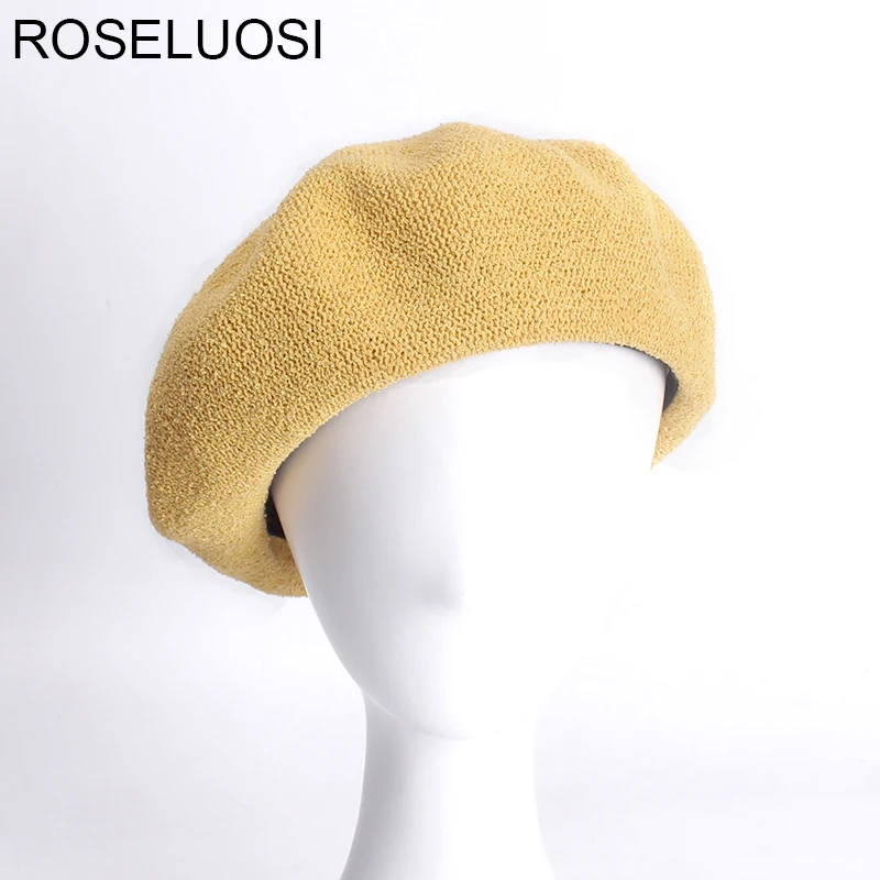ROSELUOSI Women Summer Berets Hats Solid Color Thin Knitted Beret Hat Boinas Para MujerWomen's