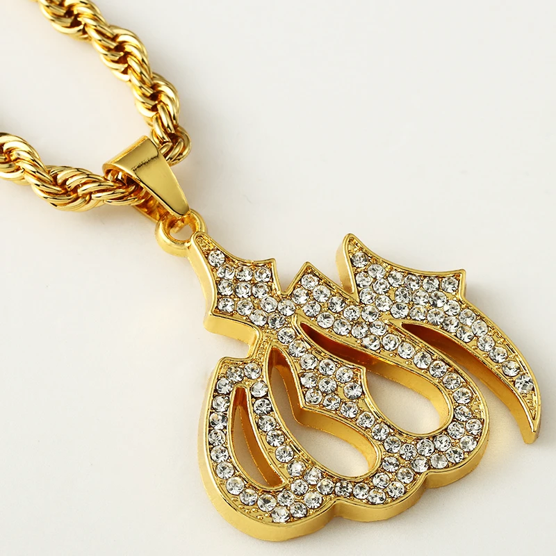 Iced Out Islam Muslim Allah Pendant Gold color Cuban/Rope Chain Islamic