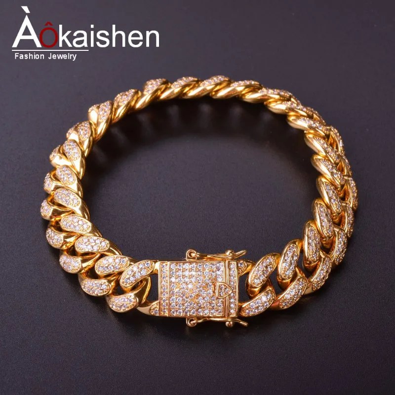 14 мм Мужской циркониевый браслет с кубинским звеном, хип-хоп ювелирные изделия, золото, серебро, толстый Тяжелый медный материал, Iced Out браслет-цепочка с фианитами 8"