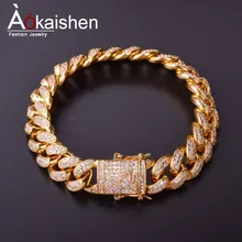 14 мм Мужской циркониевый браслет с кубинским звеном, хип-хоп ювелирные изделия, золото, серебро, толстый Тяжелый медный материал, Iced Out браслет-цепочка с фианитами 8"