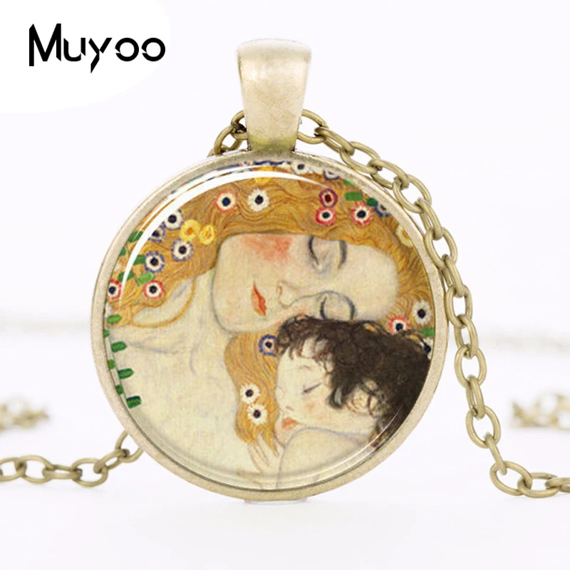 Mother and Child by Gustav Klimt Necklace Fashion Art Pendant Bronze Vintage Necklace for Women