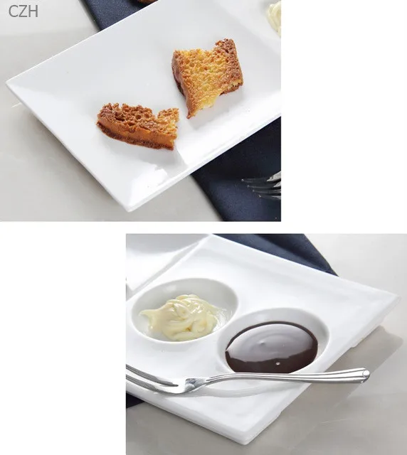 Прямоугольная фарфоровая обеденная тарелка с соусом, отделениями, керамическое ассорти, сервировочное блюдо, посуда, принадлежности для десерта и чипсов