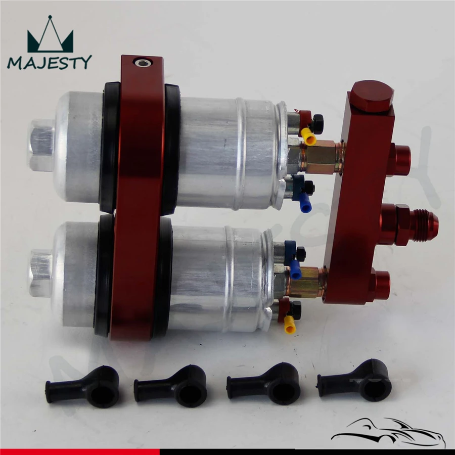2* 044 High Flow External Fuel Pump + Dual Bracket & Out Manifold AN6 Black / Blue / Redin Fuel