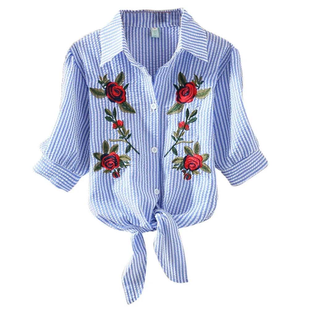 

Embroidery Flower Strip Blusas 2019 Sexy Femme Blouse Shirt Lace Up Summer Tops Turn-down Collar Shirts Cheap Clothes
