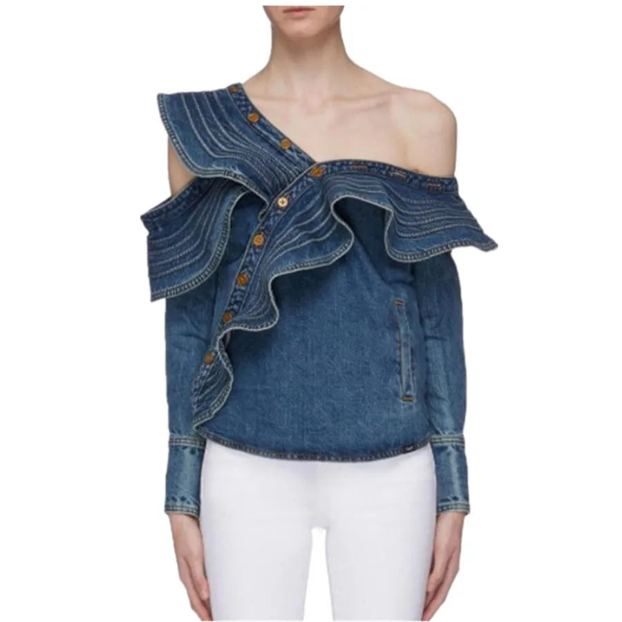 

2019 Autumn Ruffles One Off SHoulder Long Sleeve Blouse Sexy Denim Tops Women Blue Denim Jeans Shirt
