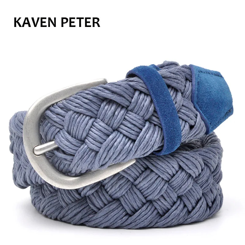 

Suede Leather Braided Belt With Wax Rope Knitted Without Holes Cotton Weave Blue Belts Handwork Belts From 30" to 47"