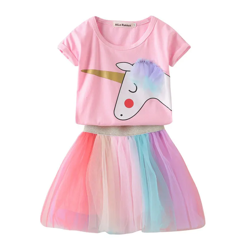 

2019 Summer Children Girls Clothing Sets Short Sleeve Unicorn T-shirt Tops + Rainbow Mesh Tutu Skirts Princess Party 2Pcs Suits