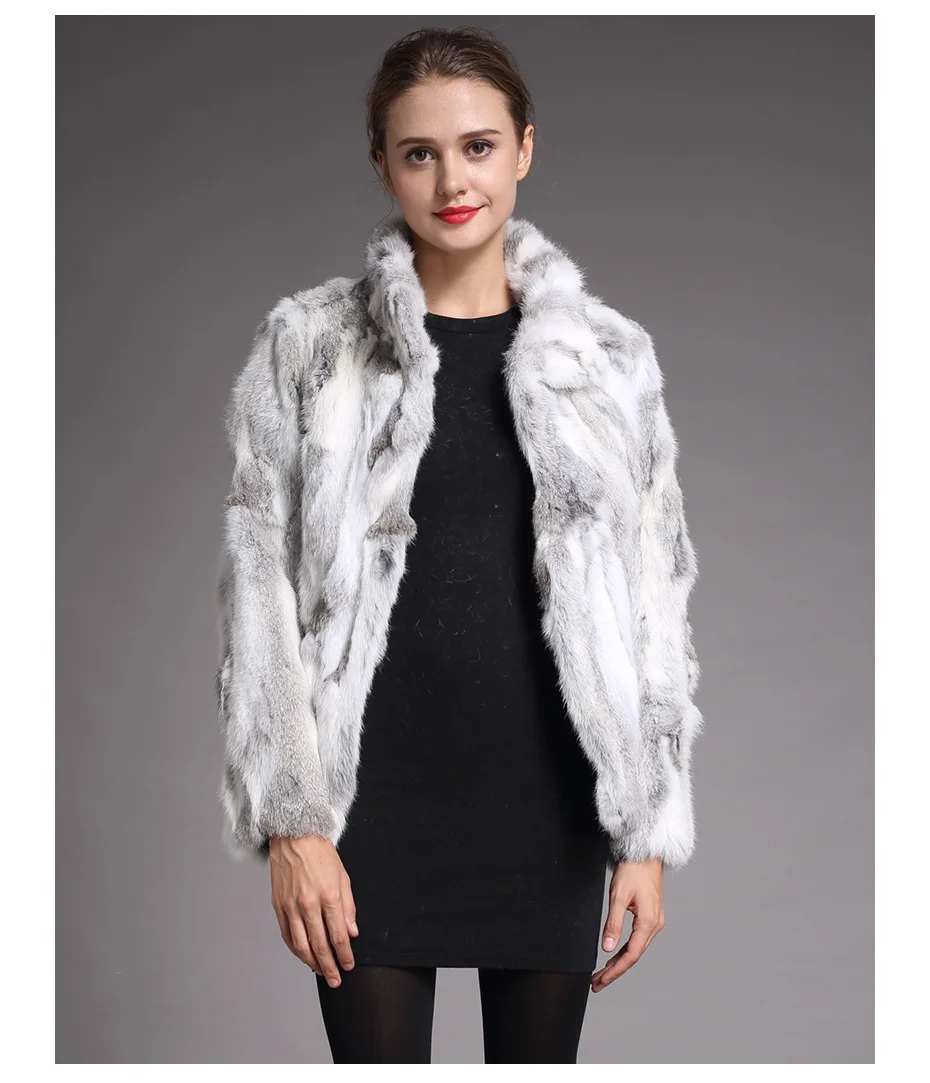 Модное пальто из натурального кроличьего меха, длинный рукав, натуральный мех, пальто, элегантная женская зимняя верхняя одежда, воротник Мандарин, кроличий мех, куртка