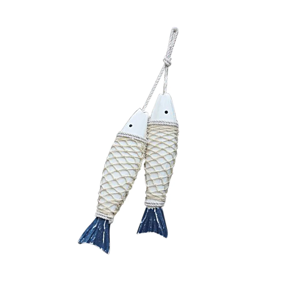 2pcs Mediterranean Hand Carved Wood Marine Fish Rope Craft Hanging Decor Bedroom Wall Artwork Decor 