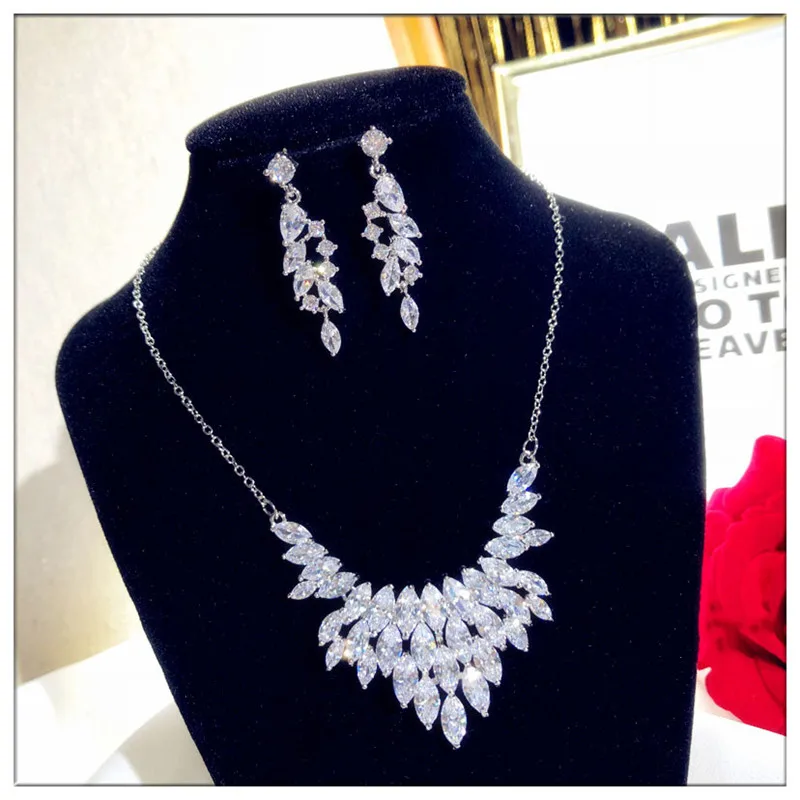 Fine Jewelry Sets For Women 925 Sterling Silver Cubci Zirconia Necklace Pendant Drop Earrings Luxury Bridal Wedding Bijoux Femme