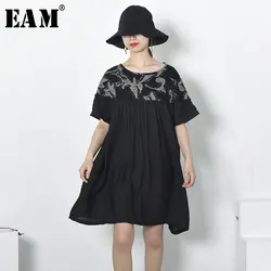 [EAM] 2019 Новинка весны зима шею короткий рукав черный карман печатным рисунком свободные большой подол платья Для женщин моды прилив JG073
