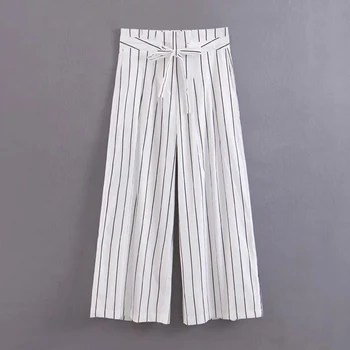 

Klacwaya Summer Bohemian Style Striped Wide Leg Pants Bow Ties Decorate Ankle Length Trousers Women Loose Casual Female Pants