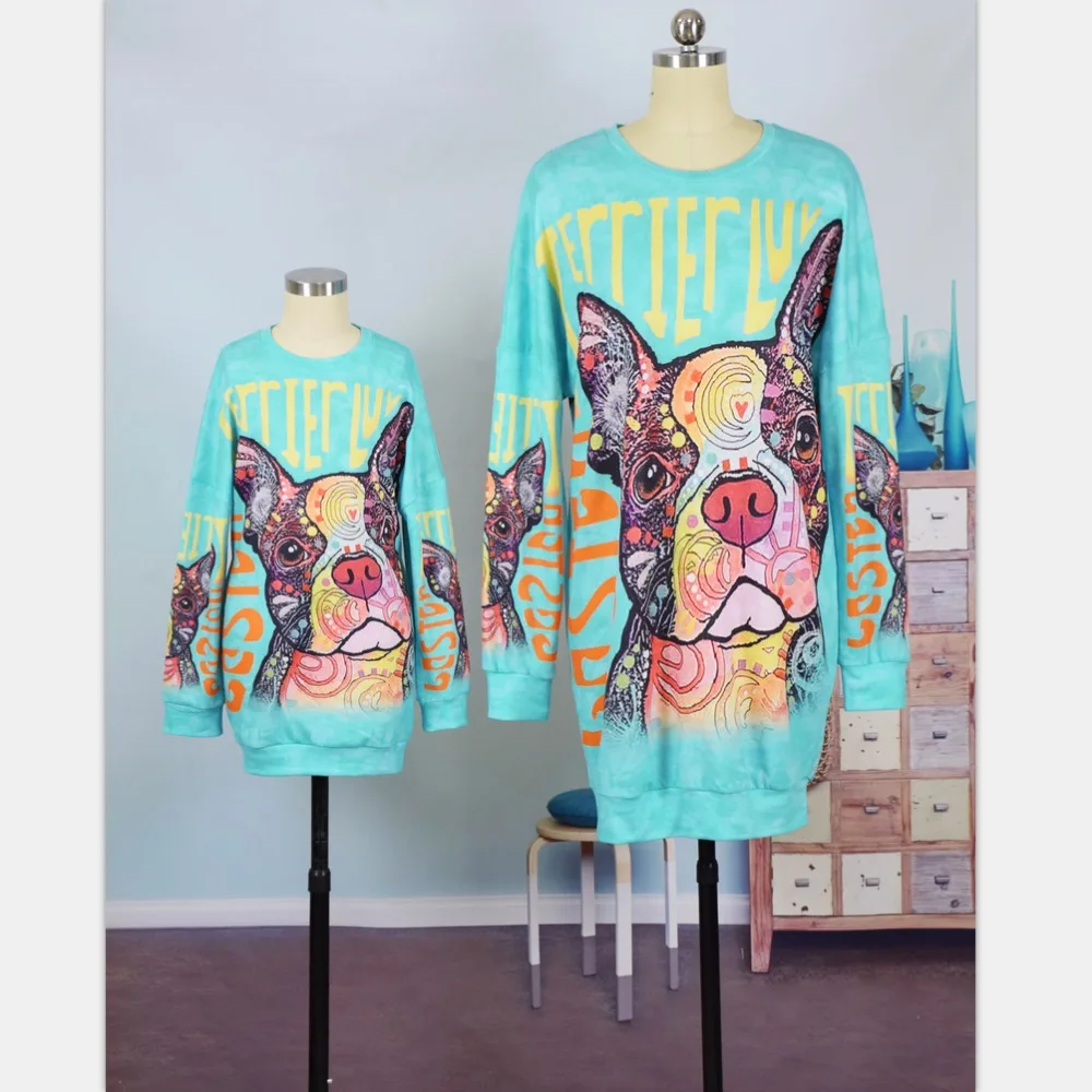 Семейный свитер с рисунком; зимняя одежда для мамы и дочки; свитер; одинаковые комплекты для семьи; новые платья для мамы и дочки с рисунком собаки