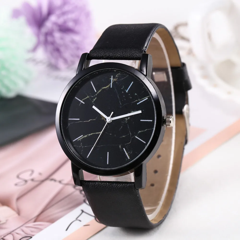 Top Sale Women Watch Marble Dial Casual Ladies Quartz Wristwatch Simple Black Leather Strap Clock High Quality Relogio Femini@50