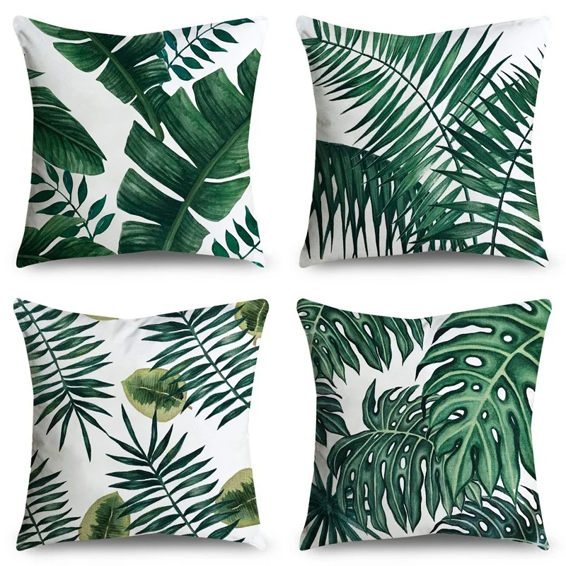 

Tropical Leaves Cushion Cover Polyester Plants Green Pillow Cases Decorative for Sofa Car Seat Fresh Home Decor Covers 45x45cm