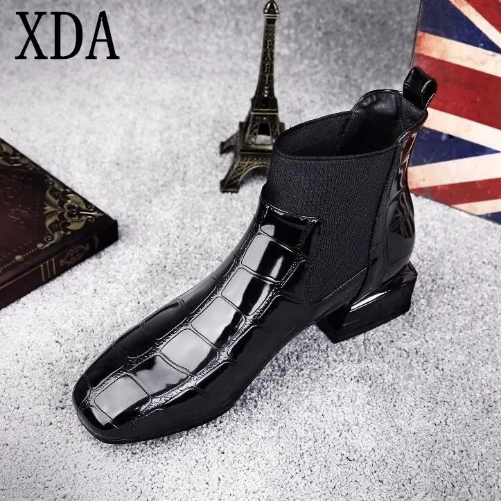 En Ligne XDA 2018 mode Plus La Taille 35 42 Femmes chaussures tête carrée Cheville Bottes en cuir Verni à talons Bas Femmes bottes martin de bottes F433