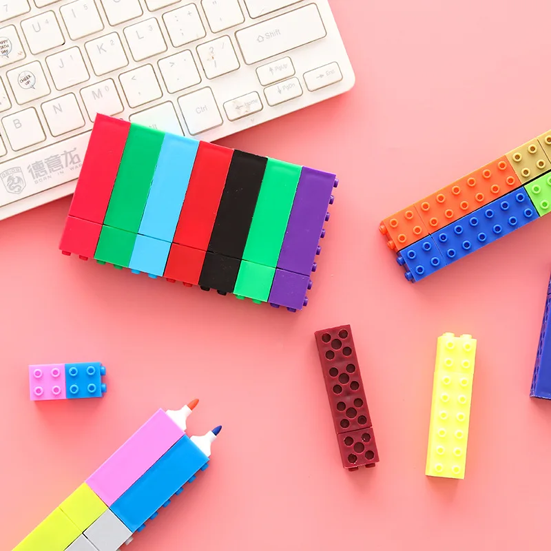 

36pcs per box Lovely Lego toy Shaped Candy Color Highlighter Pens For Writing Cute Face Graffiti Marker Pen School Office Supply