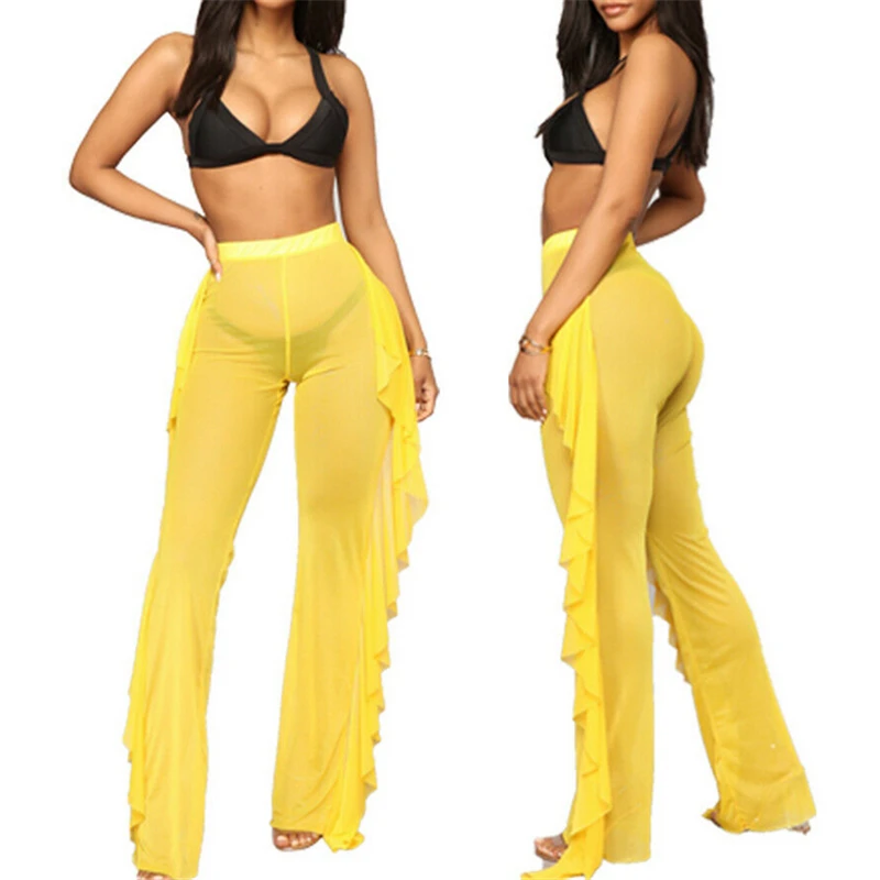 

Sexy Women Beach Pants High Waist See Through Flared Leg Mesh Summer Beach Long Pants Trousers Ruffle Trousers Bikini Cover Up