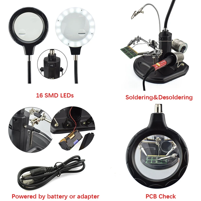 Beste 2.5X (6D) 4X (12D) 16 Smd Leds Vergrootglas Solderen Helpende Hand Desktop Vergrootglas Lassen Reparatie Hulpgereedschap