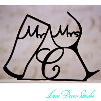 

6 inches wide Wedding Cake Topper Mr and Mrs with your intitial inside toasting Beer and Wine