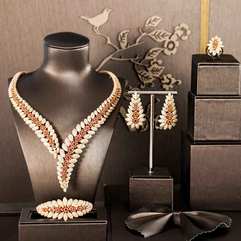 

Cubic Zirconia jewelry set for women red necklace set African beads jewelry sets drop earrings