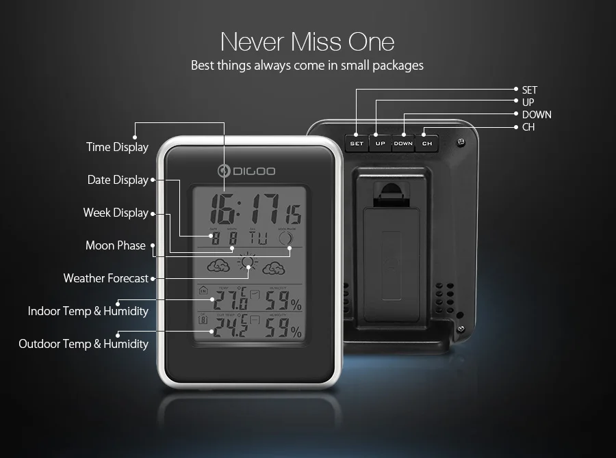 Digoo DG-TH1981 Weather Station Blue Backlit Hygrometer Thermometer Outdoor Forecast Sensor Clock