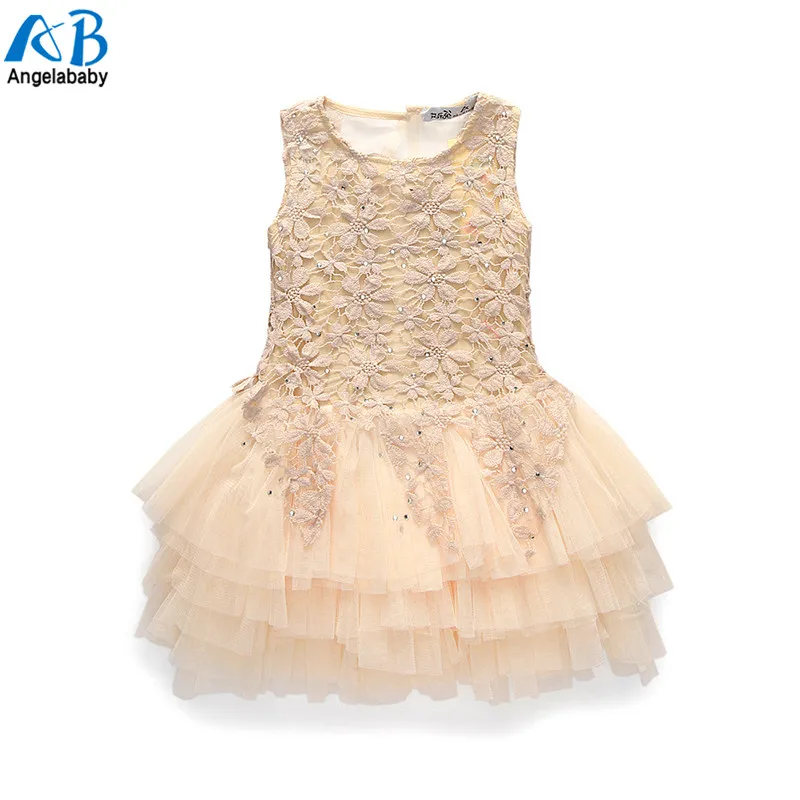 

2019 Summer New Lace Vest Girl Dress Baby Girl Princess Dress 3-7 Age Chlidren Clothes Kids Party Costume Ball Gown Beige