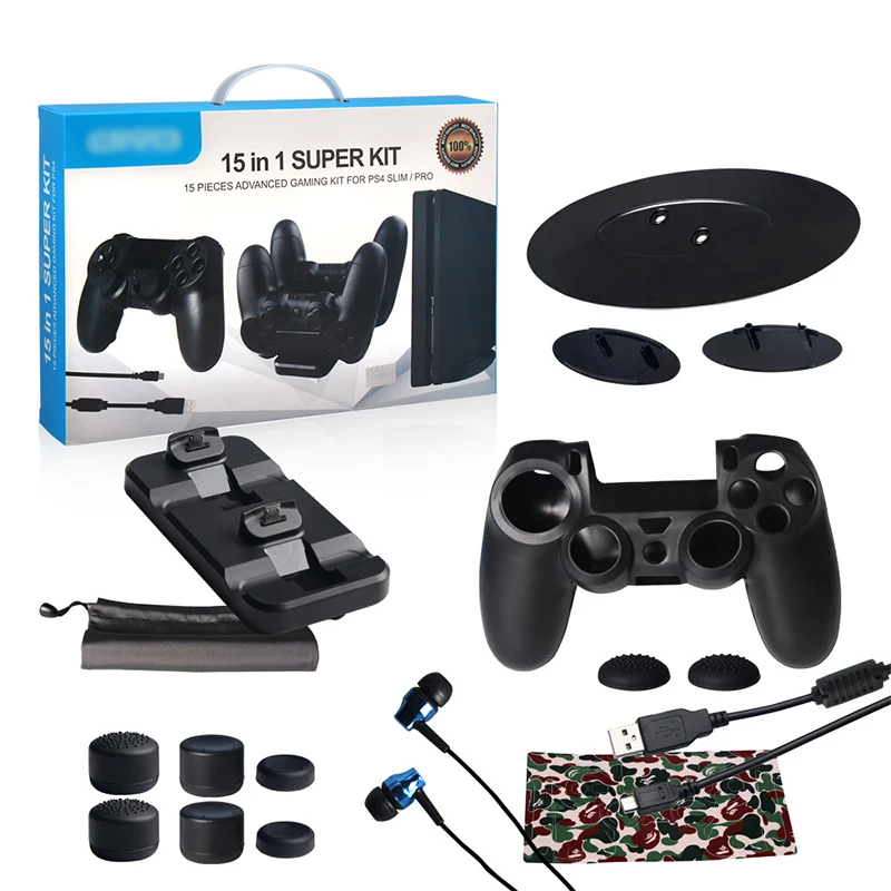 

15 in 1 for PS4 Accessories Play Station 4 Slim/Pro Vertical Stand Joystick Sticker Controller Case Grip Thumb Charger & Cable
