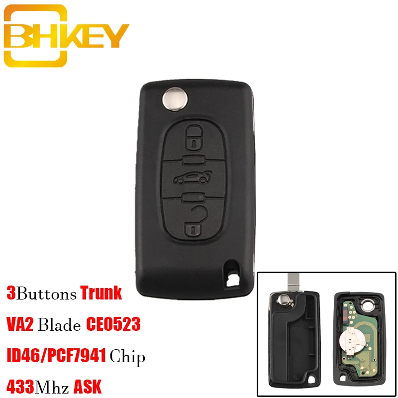 BHKEY VA2 Автомобильный ключ ASK 433 МГц ID46/PCF7941 чип для Peugeot 207 407 306 Partner ect 3 кнопки