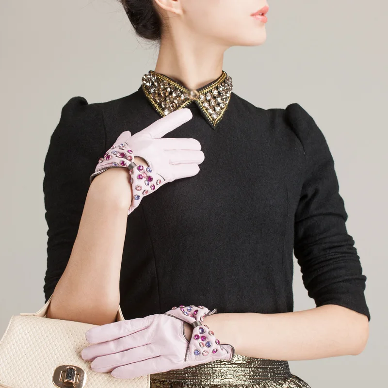 Высокое качество, модные женские перчатки со стразами, женские кожаные перчатки с подкладкой, перчатки из овчины, черные перчатки, KU-054