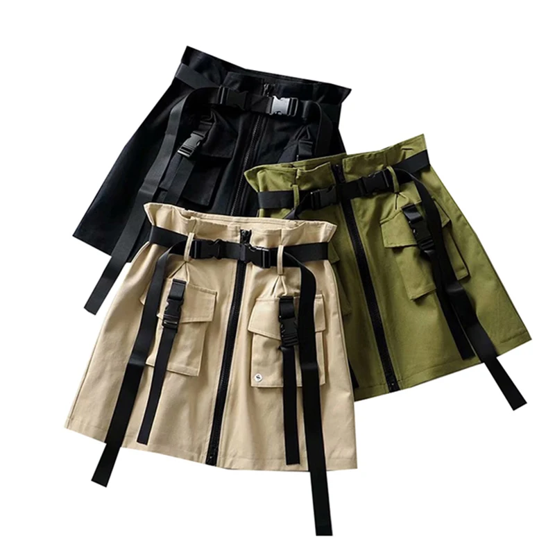 Летняя короткая юбка-карго с большими карманами, Женская винтажная юбка с высокой талией и лентой, Высококачественная женская короткая юбка трапециевидной формы в стиле Харадзюку