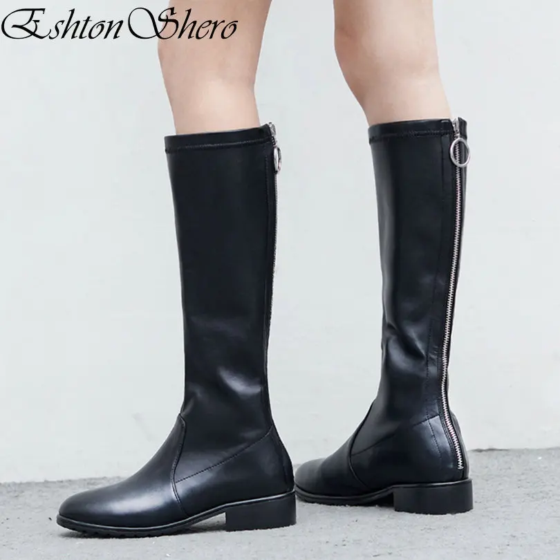 

EshtonShero Autumn Shoes Woman Knee High Boots Leather+PU Square Low Heels Round Toe Zipper Black Ladies Riding Boots Size 3-9