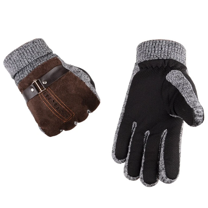 2017 Winter Men's Warm Gloves Suede Leather Gloves Mittens Male Thick Thermal Outdoor Cycling Leather Gloves Men Knitted Guantes