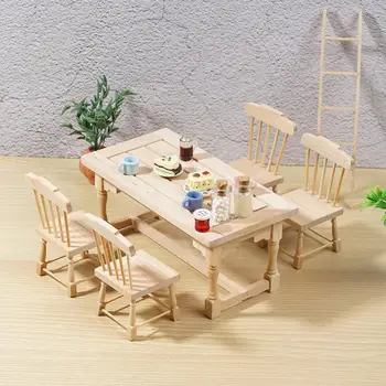 

Dollhouse 1:12 Miniature Wooden Dining Chair Table Furniture Set For Doll house Kitchen Food Furniture Toy Free shipping 5Pc/set