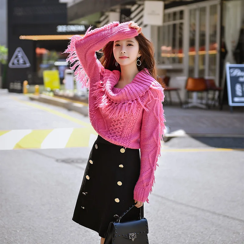 Dabuwawa Rose Pink boat neck Tassels Sweet Sweater Winter 2018 New Women Fashion Lapel Loose Short Thick Sweater Top