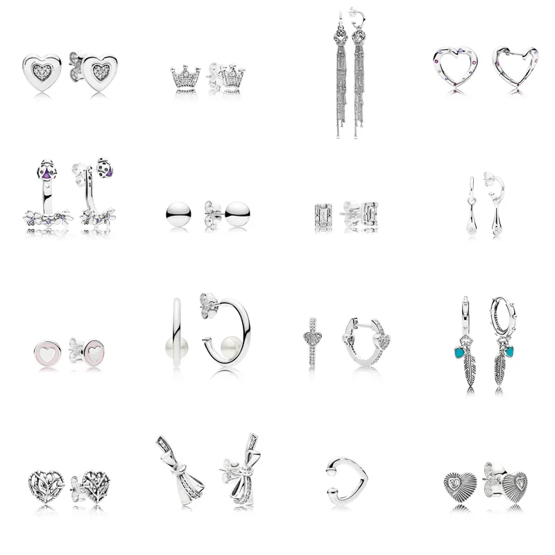 

16 Style 925 Sterling Silver Earrings Feather Love Crown Bow with Full Crystal Pendant Earrings for Women Wedding Party Jewelry