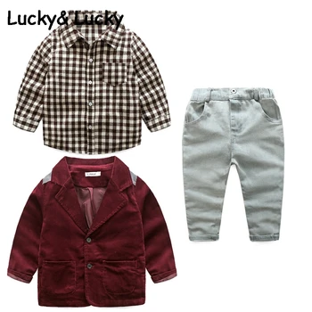 

Kimocat kids clothes plaid shirt with coat and jeans for boys long sleeeve fashion boys clothing set for party clothes