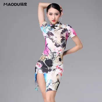 

Ice Silk Turtleneck Flower Print Placketing sexy Latin Dance One-piece Dress for female, Ballroom Costumes Flamengo wears MD8151