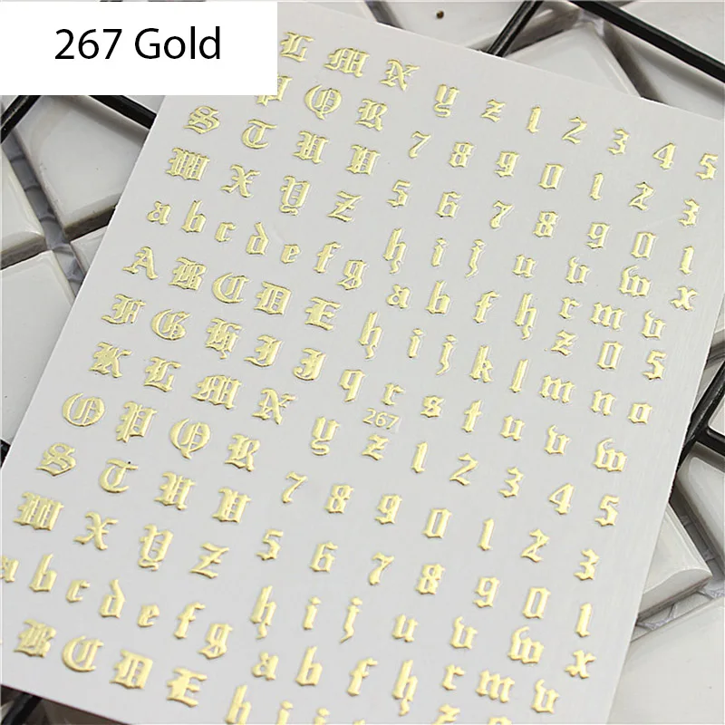 1 лист золотой/черный 3d наклейки для ногтей Готический шрифт Английский алфавит слова персонаж наклейки для ногтей наклейки - Цвет: 267