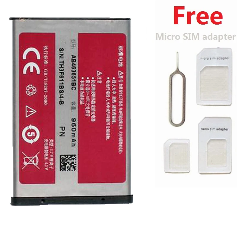 

New AB463651BC Battery AB463651BU for Phone Samsung W559 S5620I S5630C S5560C C3370 C3200 C3518 J800 J808 F339 S5296 S3650 S7070