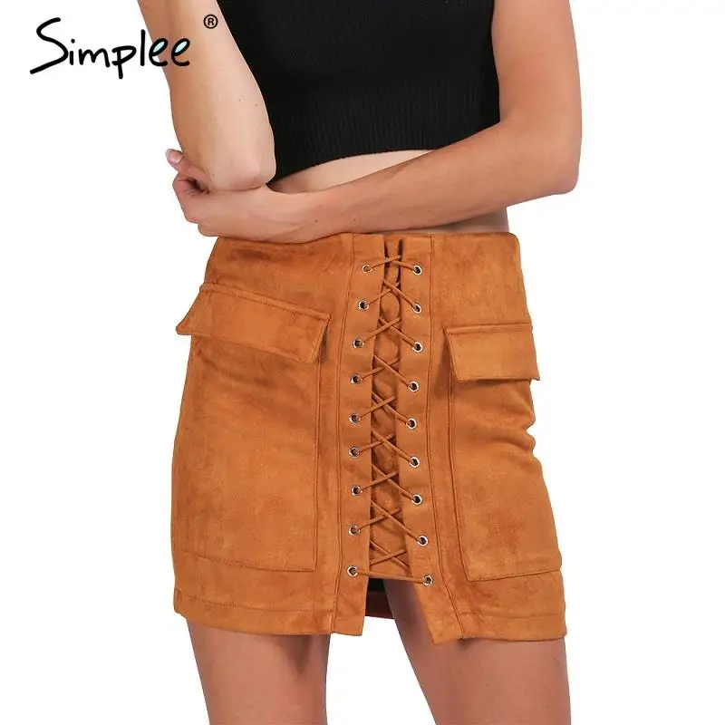 Simplee Apparel Autumn lace up suede leather women skirt 90's Vintage pocket preppy short skirt Winter high waist casual skirts