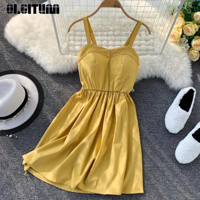 

New 2019 Summer Solid Spaghetti Strap Strapless Dresses Female Slim V-neck Sleeveless High Waist Holiday Dresses Vestidos Femme